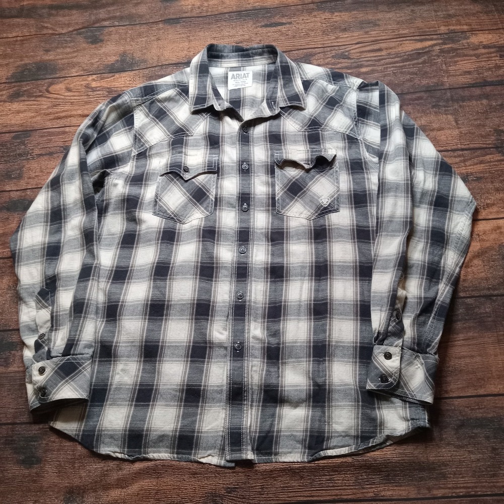 Ariat Retro Fit Long Sleeve‎ Button Up Shirt Men's XL Blue Plaid